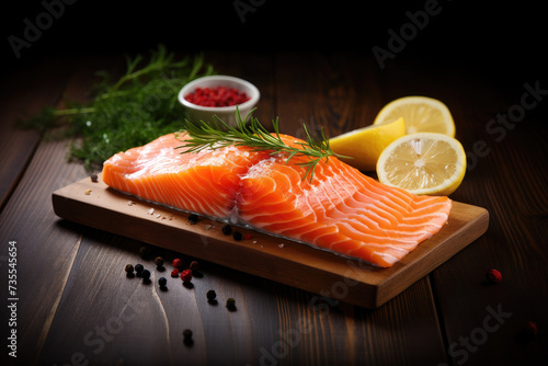 Raw Salmon on a Wooden Plank with Lemons and Dill