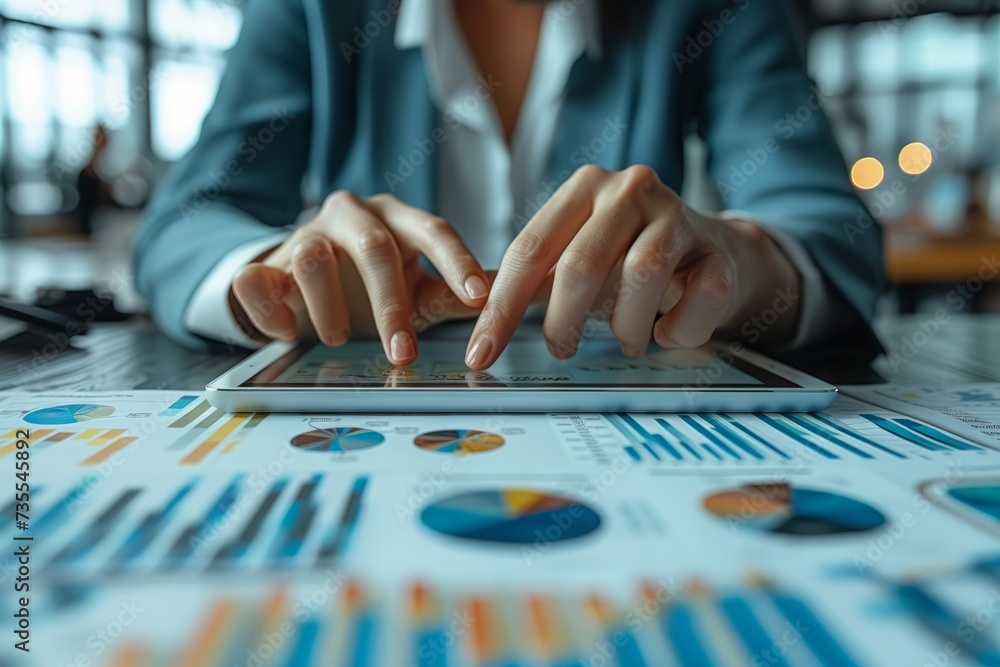 People sitting at tables, looking at charts on tablets, employees looking at charts on tablets