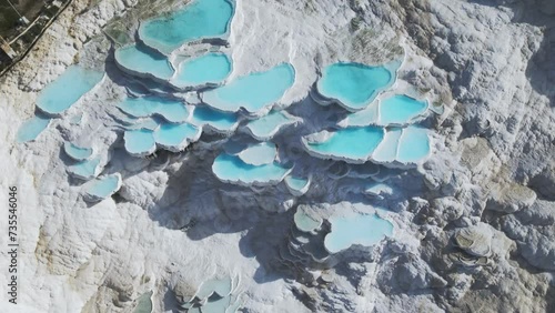 aerial view of Natural travertine pools and terraces in Pamukkale. Turkey