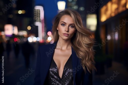 Fashion-forward businesswoman in a chic mesh insert blazer amidst the city's evening glow
