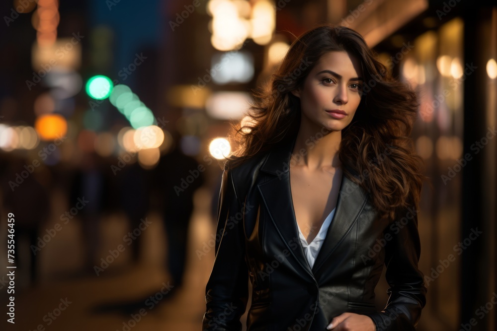 City Lights, City Nights: A modern woman in a chic leather-panel blazer making her mark on the urban landscape