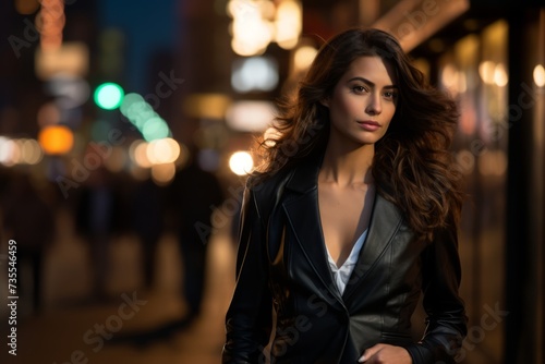 City Lights, City Nights: A modern woman in a chic leather-panel blazer making her mark on the urban landscape © aicandy
