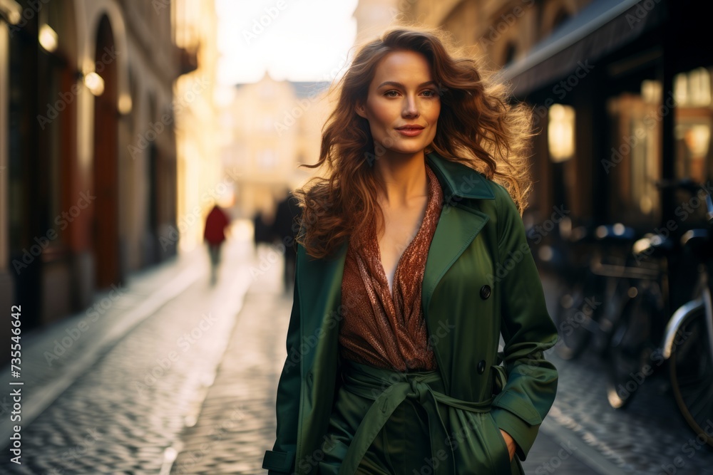 Elegant woman in a striking green trench coat exploring the cobblestone streets of a historic European city in the soft light of dusk Elegant woman in a striking green trench coat exploring the cobblestone streets of a historic European city in the soft light of dusk