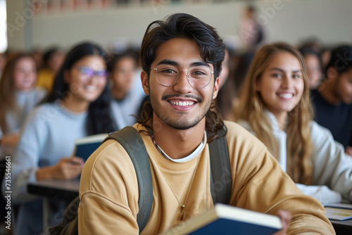 Smiling young man with facial hair and glasses is sitting in a lecture hall surrounded by peers