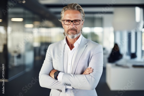 Fashionable middle-aged professional posing in a sleek office environment, dressed in a crisp white wingtip collar shirt photo