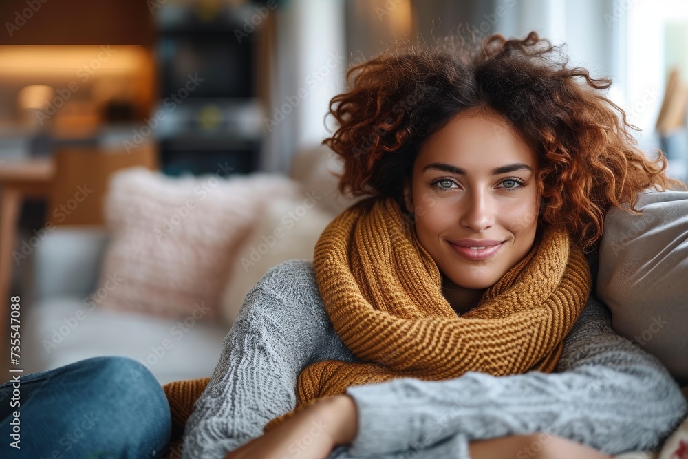 A woman cozied up in a chunky knit scarf exudes warmth and coziness in a home setting A woman cozied up in a chunky knit scarf exudes warmth and coziness in a home setting