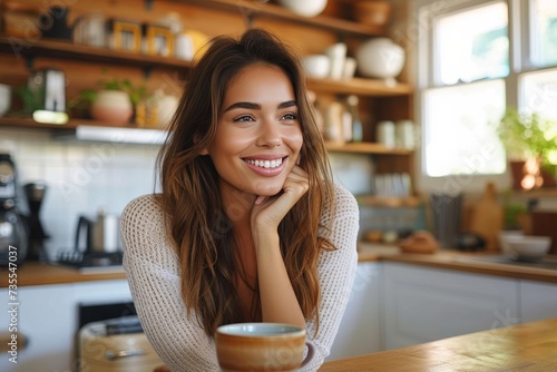 A content young woman with sleek hair smiles as she enjoys a coffee in a sunny kitchen