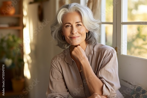 A serene portrait of an older woman with hazel eyes and distinguished gray hair, sitting comfortably in her vintage living room with the evening sun highlighting her features Free Download A serene portrait of an older woman with hazel eyes and distinguished gray hair, sitting comfortably in her vintage living room with the evening sun highlighting her features - GFXLoad
