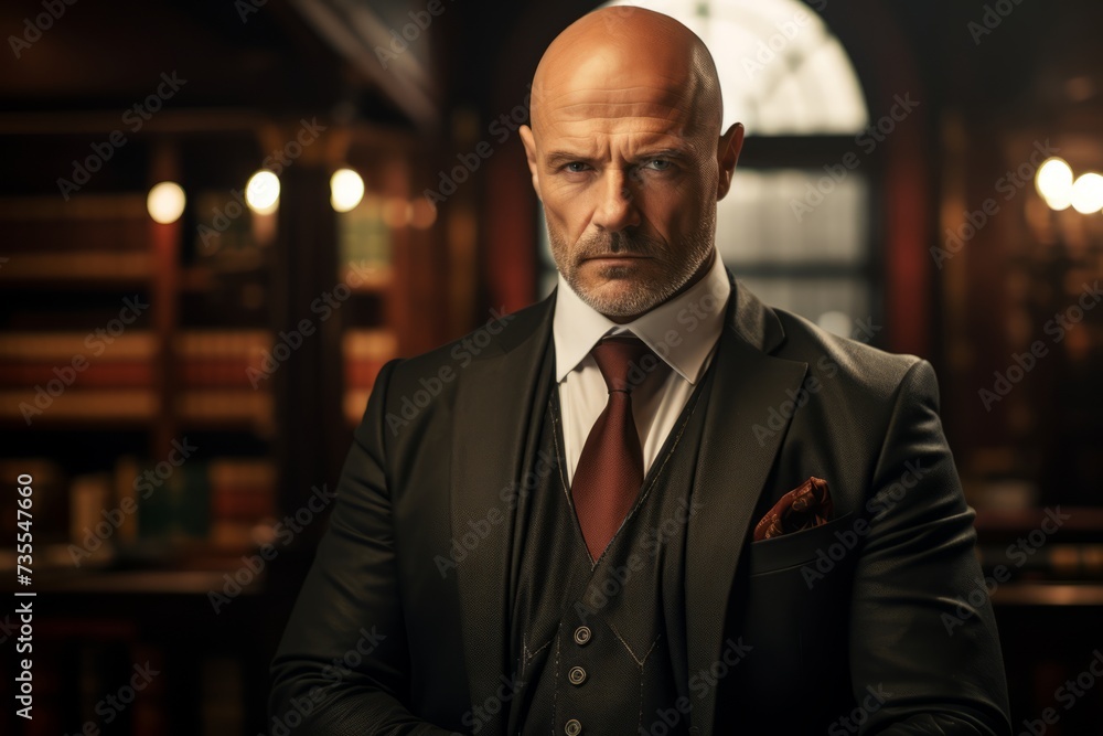 The Powerful Presence of a Bald, Middle-aged Man with Piercing Eyes and Cufflinks, Surrounded by Antique Books The Powerful Presence of a Bald, Middle-aged Man with Piercing Eyes and Cufflinks, Surrounded by Antique Books