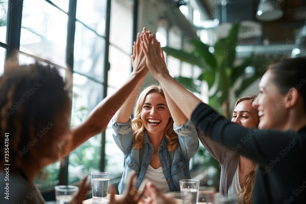 A vibrant team of colleagues is performing a high five, signifying teamwork and success in a modern office environment - obrazy, fototapety, plakaty 