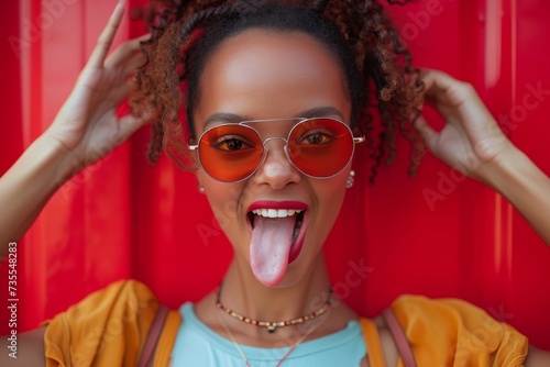 A laughing woman with stylish orange sunglasses in a vibrant and humorous pose