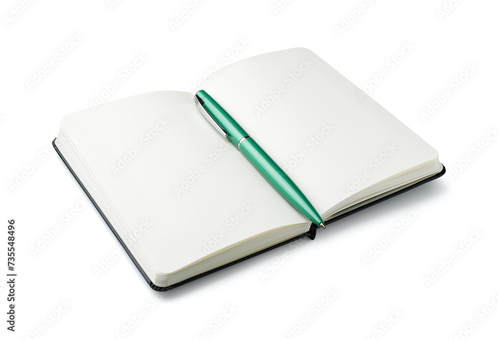Open notebook with blank pages and pen isolated on white Open notebook with blank pages and pen isolated on white