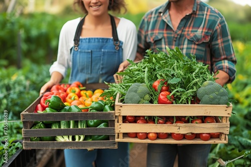 Smiling farmers in a field displaying crates of fresh, organic vegetables representing a successful harvest
