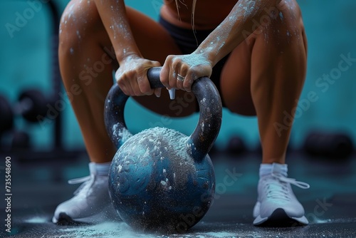 The dynamic action of an athlete lifting a chalk-covered kettlebell highlights strength and endurance photo