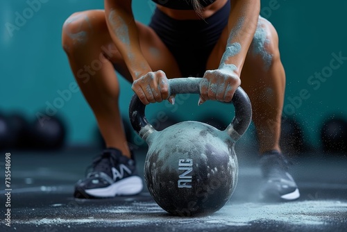 A concentration-filled moment of an athlete amid a kettlebell exercise, determination visible in her stance © LifeMedia