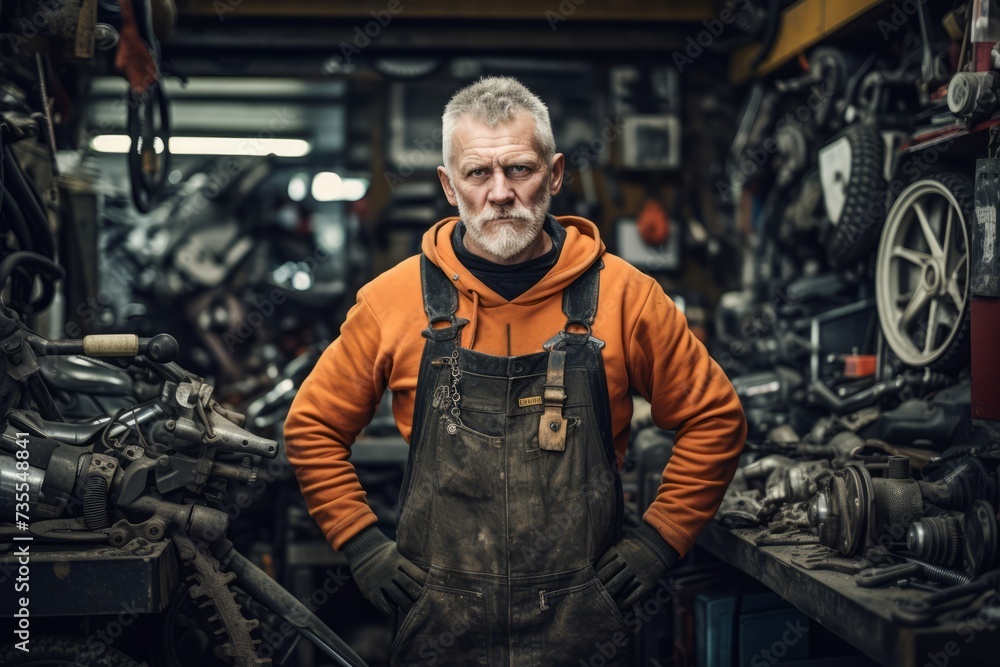 An experienced industrial mechanic stands in his tool-laden workshop, his hands bearing the marks of his labor and his eyes reflecting determination An experienced industrial mechanic stands in his tool-laden workshop, his hands bearing the marks of his labor and his eyes reflecting determination