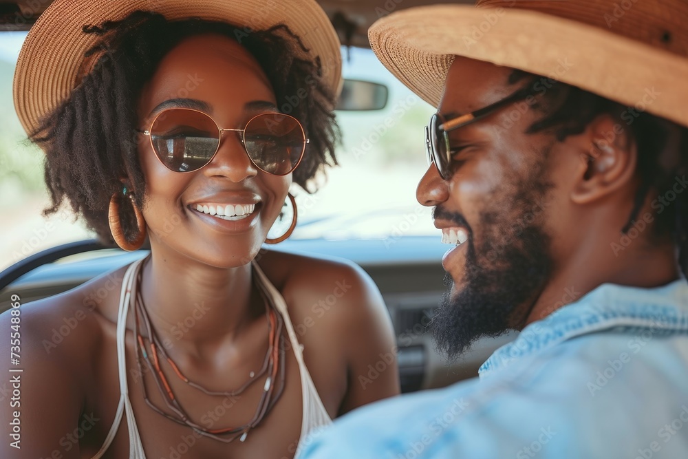 Happy young couple wearing sunglasses and a hat, chatting and smiling in a car during a summer road trip