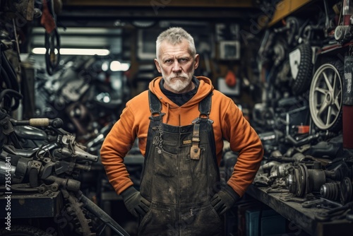 An experienced industrial mechanic stands in his tool-laden workshop, his hands bearing the marks of his labor and his eyes reflecting determination