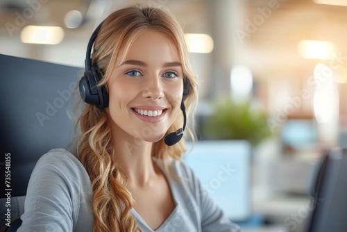 Cheerful female customer service representative with headset in a bright office environment