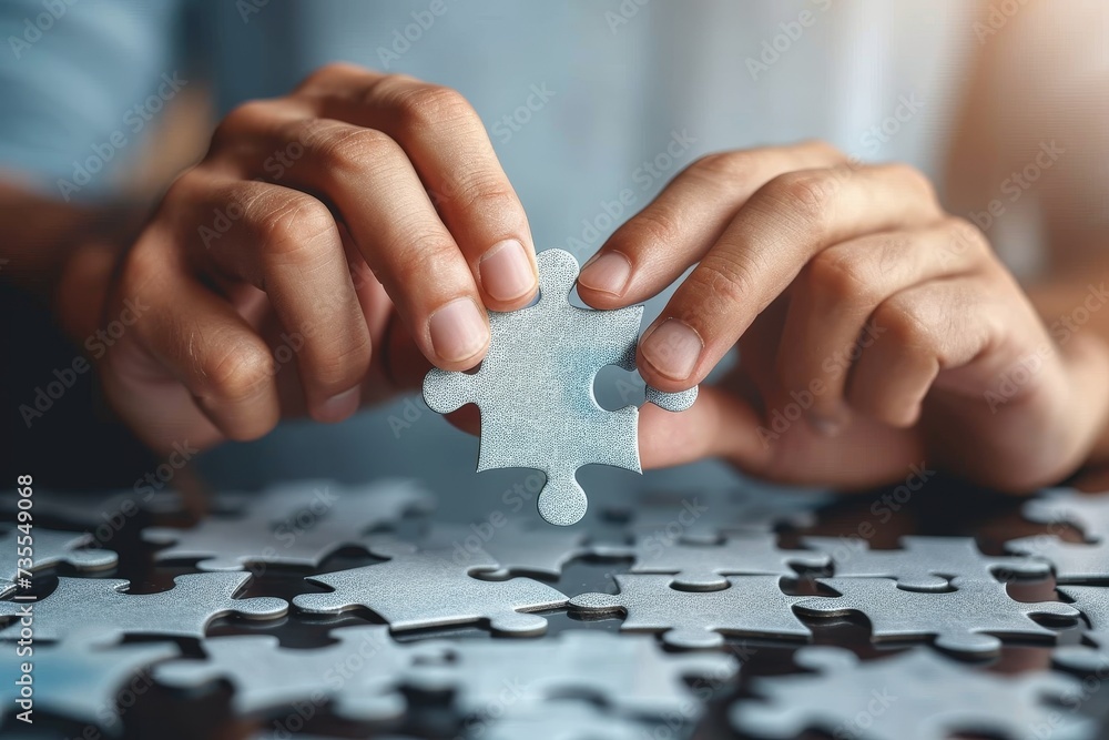 Silver-colored puzzle piece held in hands against a blurred background of other pieces Silver-colored puzzle piece held in hands against a blurred background of other pieces