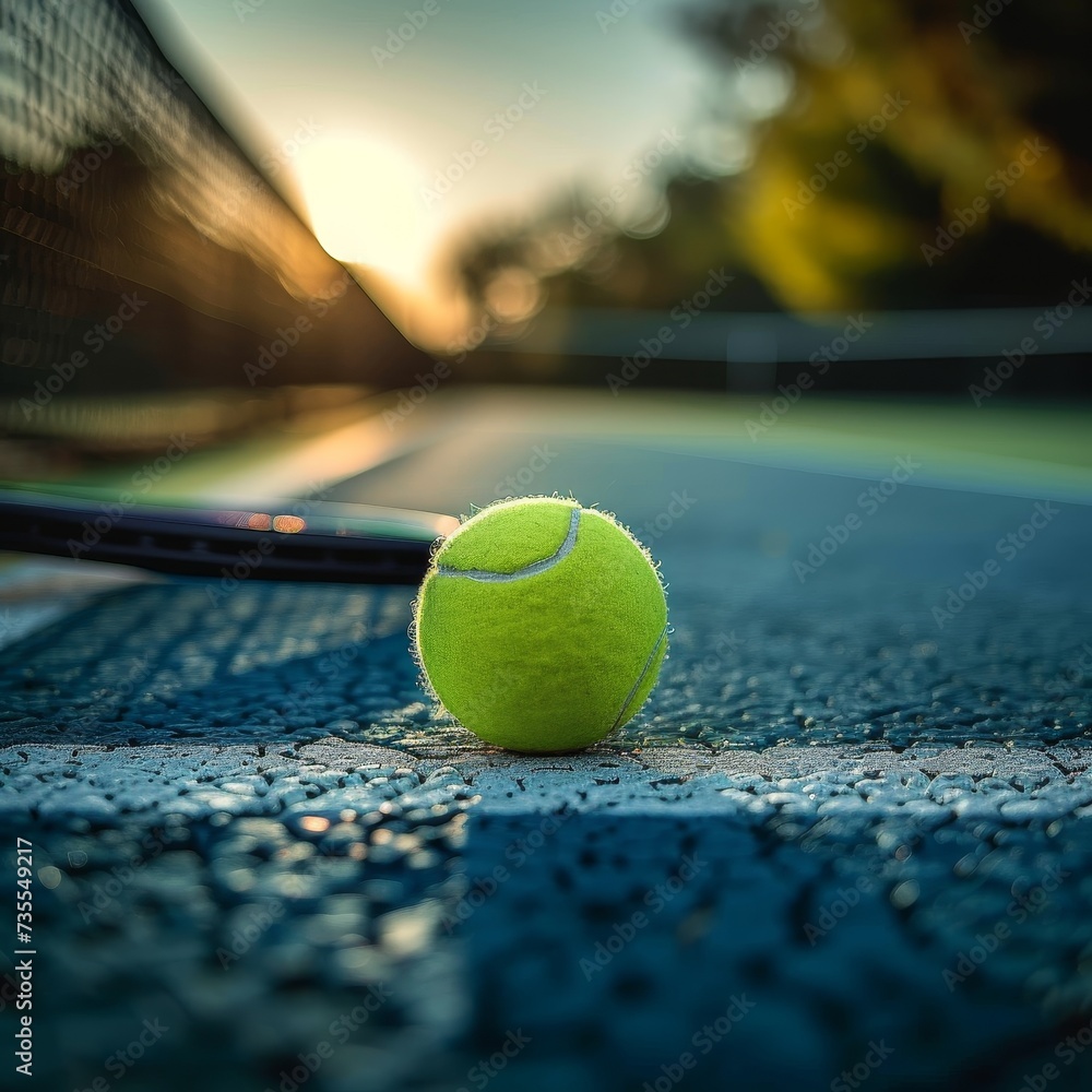 Tennis ball on a blue hardcourt by the net with a sunset background, highlighting the texture and color of the ball