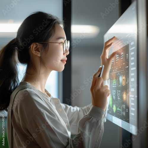 A woman interacts with a modern touchscreen panel displaying graphs and data, face obscured