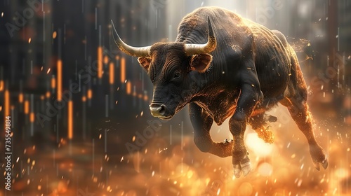 Bull with background of uptrend stock market. Concept of bullish market. 