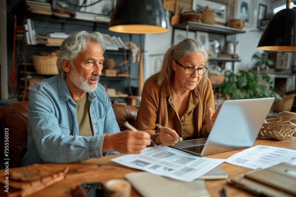 A mature couple consults a laptop screen while going through paperwork, indicating financial planning A mature couple consults a laptop screen while going through paperwork, indicating financial planning