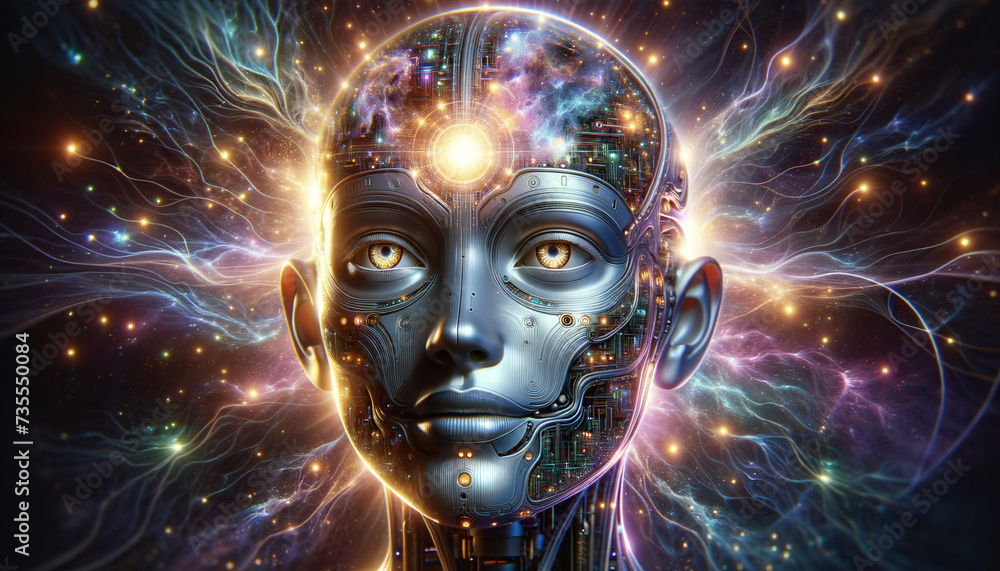 Radiant humanoid robot with expressive eyes, merging circuitry and ethereal lights Radiant humanoid robot with expressive eyes, merging circuitry and ethereal lights