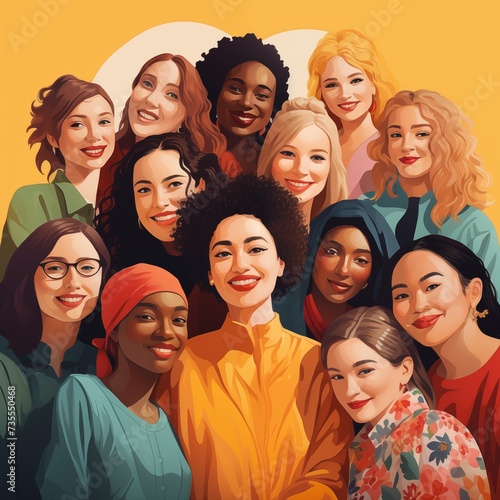 Simple illustration of international women's day, diverse group of women from different backgrounds and cultures
