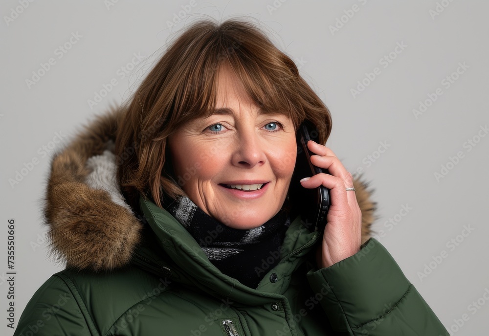 Woman in Green Coat Talking on Cell Phone Woman in Green Coat Talking on Cell Phone