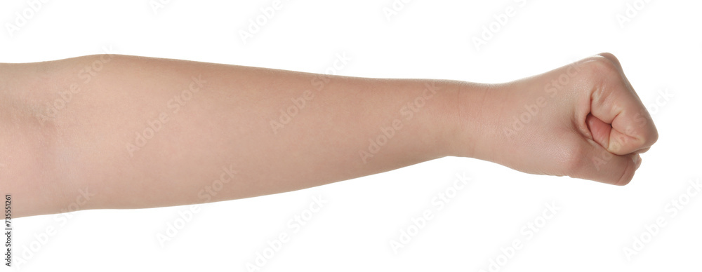 Playing rock, paper and scissors. Woman showing fist on white background, closeup Playing rock, paper and scissors. Woman showing fist on white background, closeup