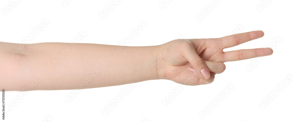Playing rock, paper and scissors. Woman making scissors with her fingers on white background, closeup Playing rock, paper and scissors. Woman making scissors with her fingers on white background, closeup