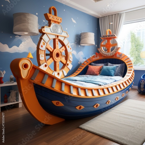 Childs Bedroom With Ship Bed and Rug
