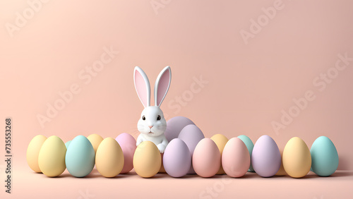 Delightful 3D Bunny Rabbit Adorned with Colorful Eggs on a Muted Pastel Surface. Great for Banner, Social Media, Poster. Reflecting Easter Happiness.
