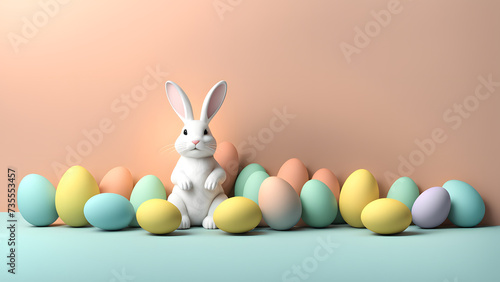 Joyful 3D Bunny Rabbit with an Array of Colorful Eggs on a Serene Pastel Canvas. Great for Banner, Social Media, Poster. Illustrating Easter Celebration.