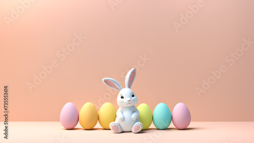 Lovely 3D Bunny Rabbit with an Array of Bright Eggs on a Subtle Pastel Base. Perfect for Banner, Social Media, Poster. Illustrating Easter Magic.