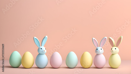 Cute 3D Bunny Rabbit with a Collection of Rainbow Eggs on a Pale Pastel Canvas. Ideal for Banner, Social Media, Poster. Celebrating Easter Festivity.