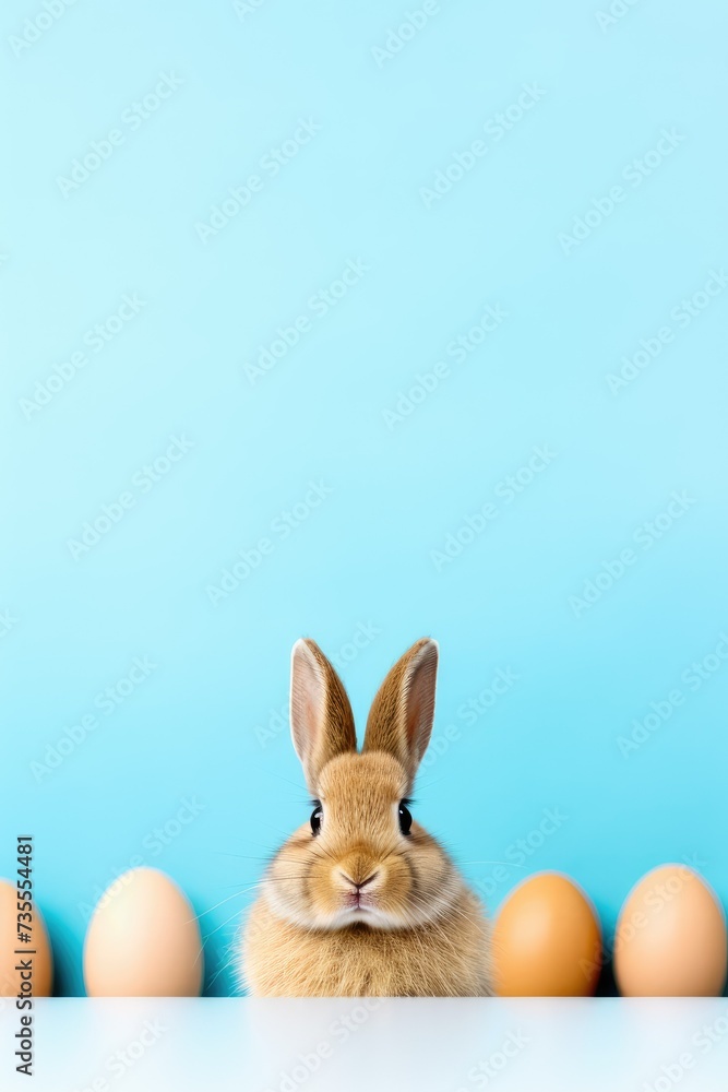 Fototapeta premium Cute little rabbit and Easter eggs on pastel blue background. Easter holiday concept. Funny pet for design greeting card, banner, flyer, invitation with copy space