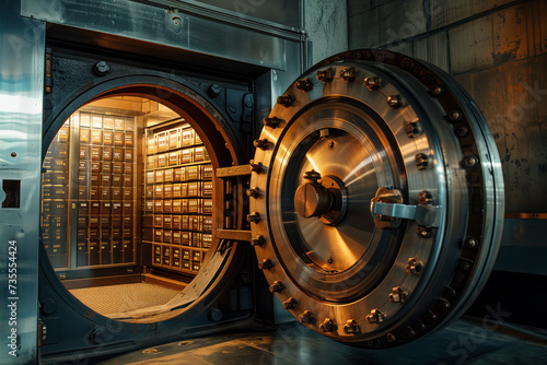 Open Bank Vault Door Revealing Safety Deposit Boxes in Depositary photo