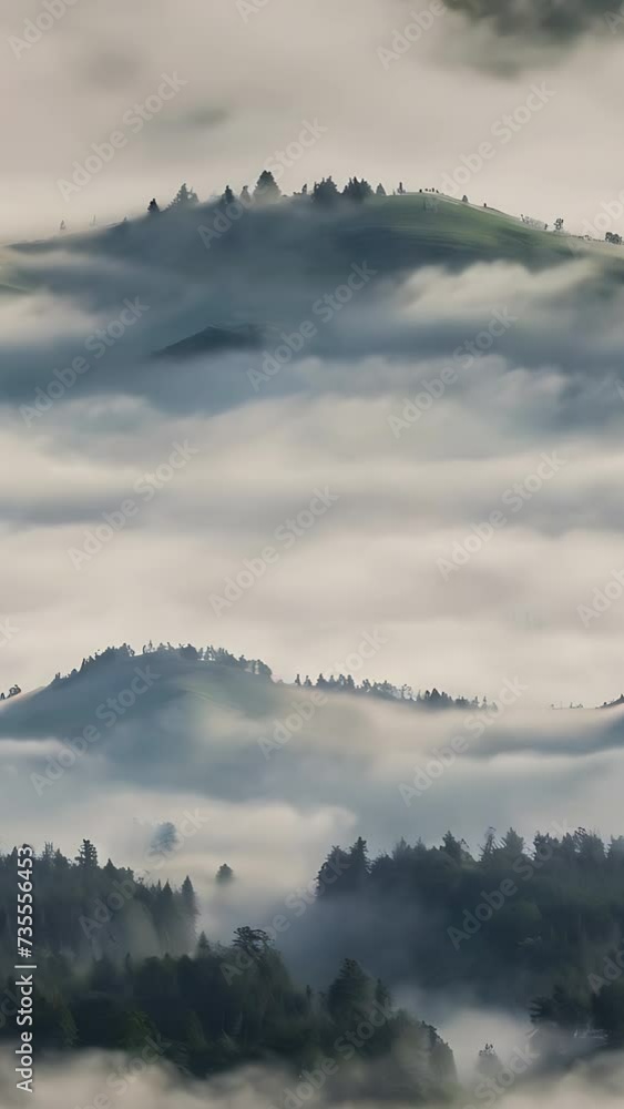 High hill and forest with fog, mist and cloud slowing movement High hill and forest with fog, mist and cloud slowing movement