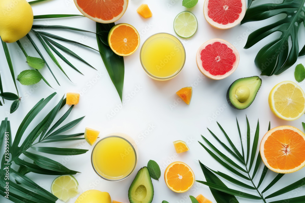Top view flat lay Summer holiday vacation concept, sunglasses, hat, orange juice glass, tropical and palm leaves, on white background Top view flat lay Summer holiday vacation concept, sunglasses, hat, orange juice glass, tropical and palm leaves, on white background