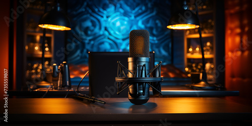 Professional microphone and headphones on stage in recording studio. Music concept, recording studio in the background with a microphone,