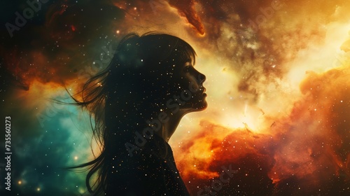 Beautiful Nostalgic Woman Background - Girl Looking into the Sky and watching her Life Time passing by - Deep Message Wallpaper created with Generative AI Technology