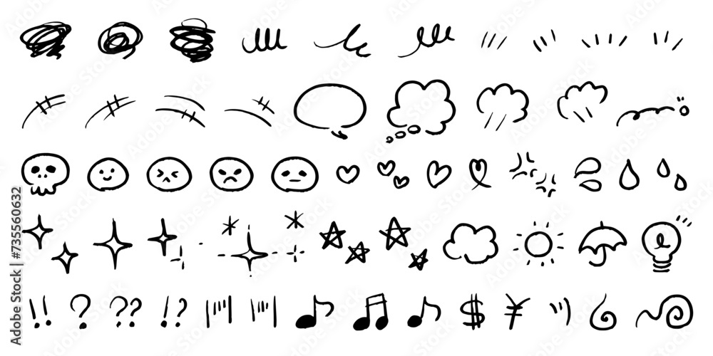 手描きの感情のあしらいの漫符イラスト アイコンセット 手描きの感情のあしらいの漫符イラスト アイコンセット