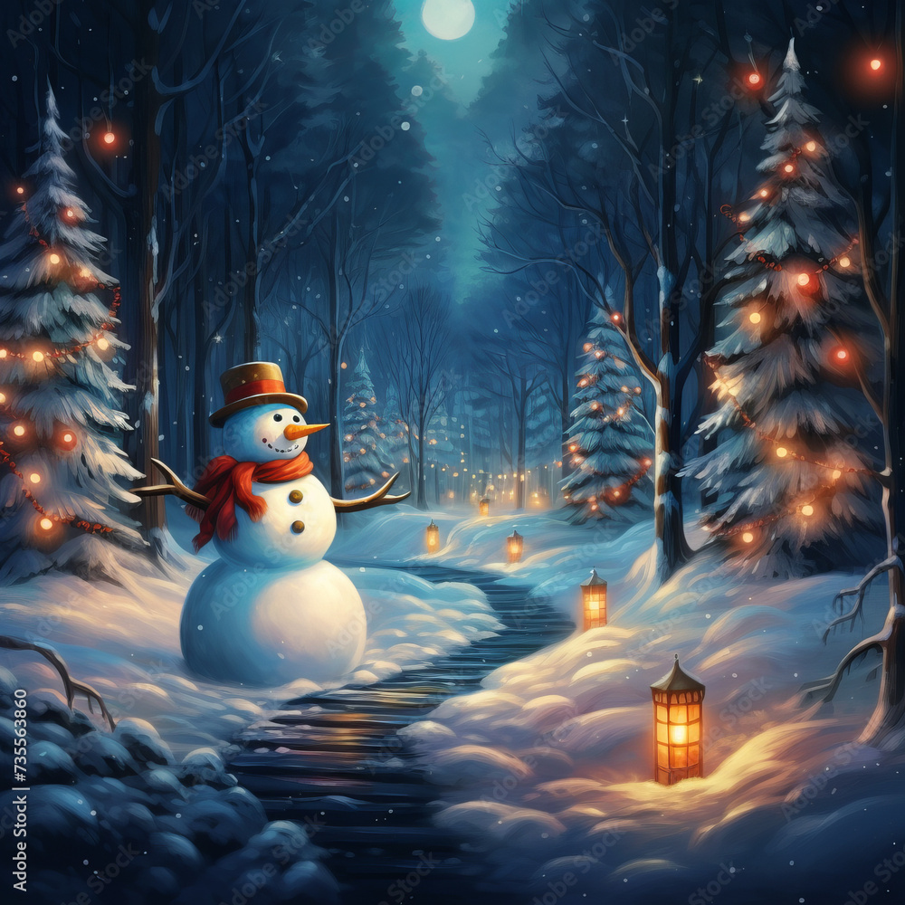 Obraz premium Snowman by a path winding through magical forest with lanterns and colored glowing lights. Christmas holiday winter concepts. No people..