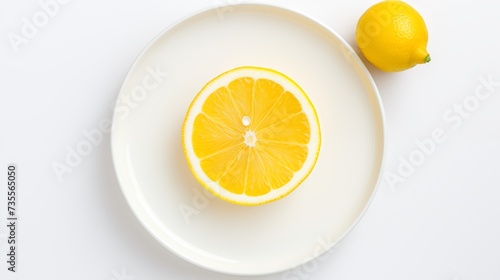 Lemon, on a white round plate, on a white background, top view