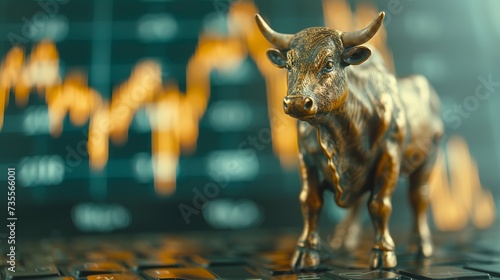 Miniature Bull Figurine in Front of Fluctuating Financial Chart, Symbolizing Market Optimism and Growth.  © Thanthara