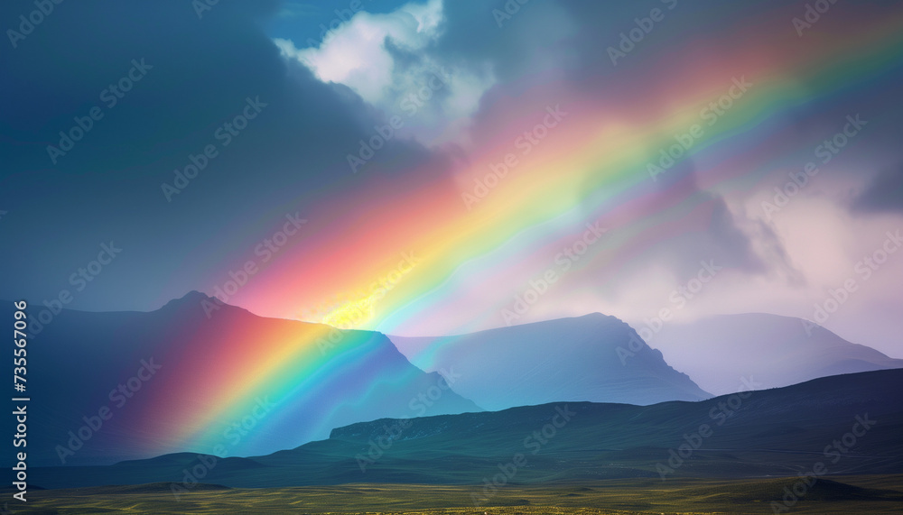 A stunning rainbow with vibrant colors over a serene mountainous landscape