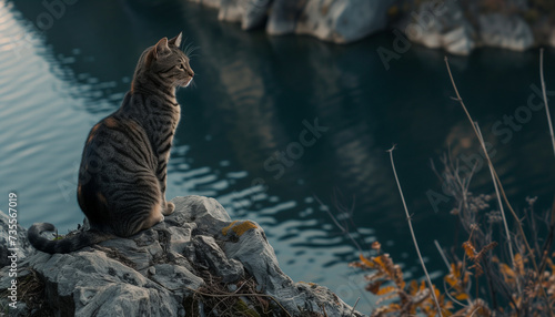 A striped tabby cat sits elegantly on a rocky outcrop, gazing contemplatively over the calm water at dusk © Seasonal Wilderness